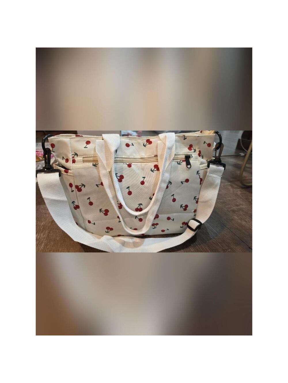 Cream Cherry-Print Tote Bag with Front Zip Pockets - Picture 3 of 8
